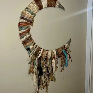 Brand new Handmade moon wall decor with hand dyed yarn, jute and leather. Boho.